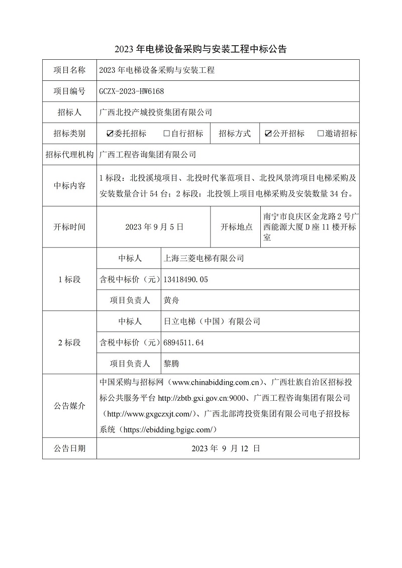 2023 年電梯設備采購與安裝工程中標公告