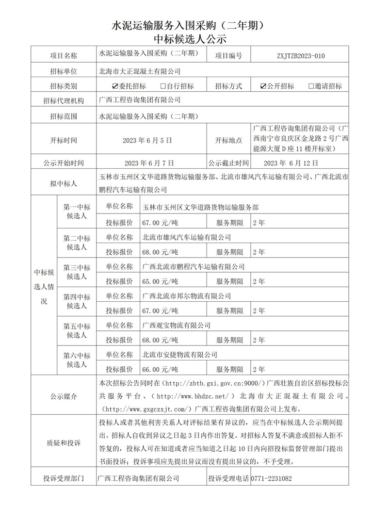 水泥運輸服務入圍采購（二年期） 中標候選人公示